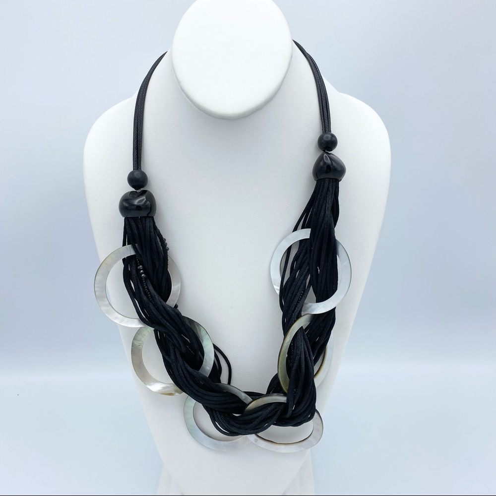 Mother of Pearl Rings Multi Black Cord Statement Necklace